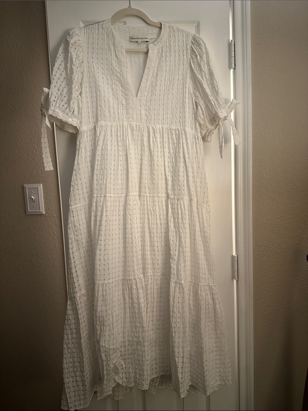 English Factory White Swiss Dot Midi Dress with Tie Sleeves
